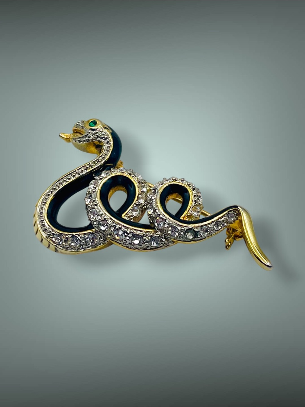 Dazzling Vintage Gold Tone Clear Rhinestone & Black Enamel Coiled Snake Brooch
